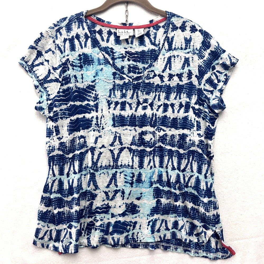 Nicole Miller L Batik Tie Dye 100% Linen Top Coastal Large Blue White